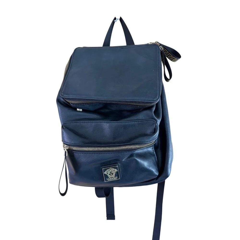 Versace Parfums Mens Faux Leather Black Backpack with Gold Details Modern